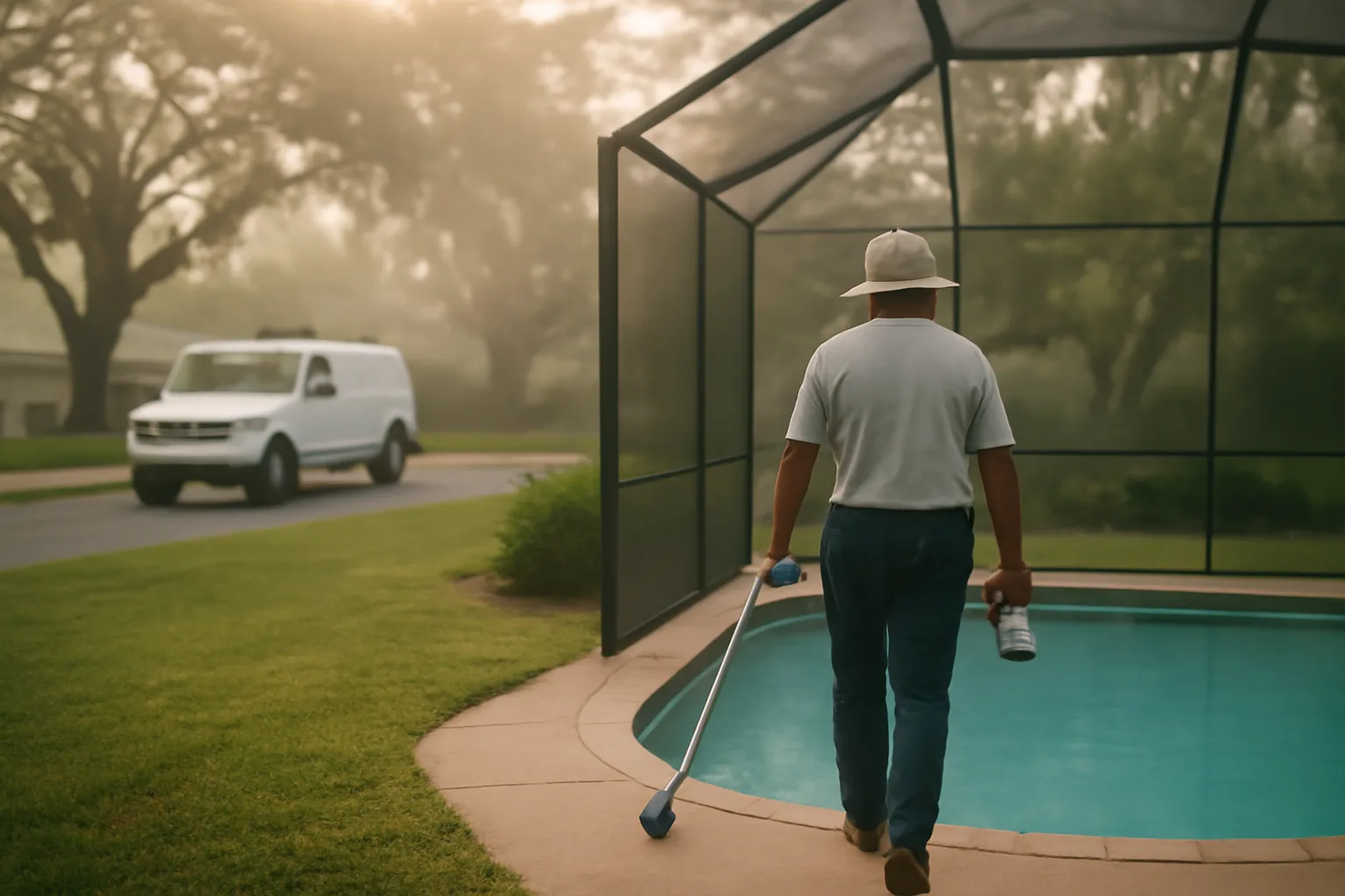 Pool route technician walks toward an Alabama screened pool at sunrise with test kit and pole.