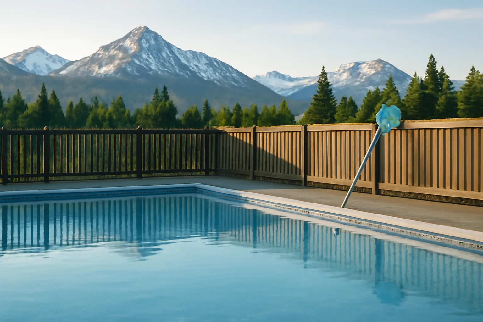 Outdoor pool in Alaska with cleaning equipment and mountain view