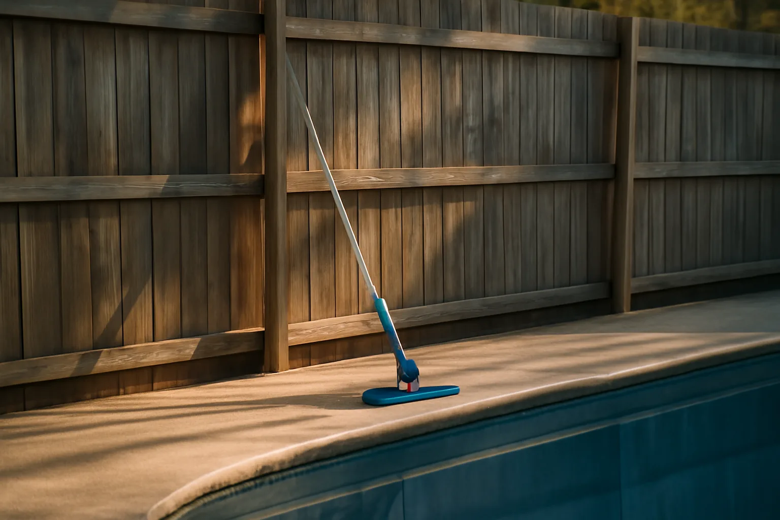 pool cleaning pole and vacuum head by an Alabama backyard pool fence in morning light