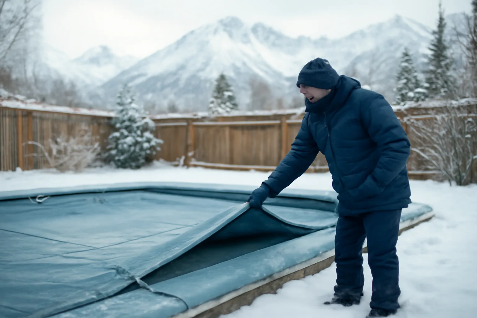 Pool route worker examining a covered pool in an Alaska winter scene.