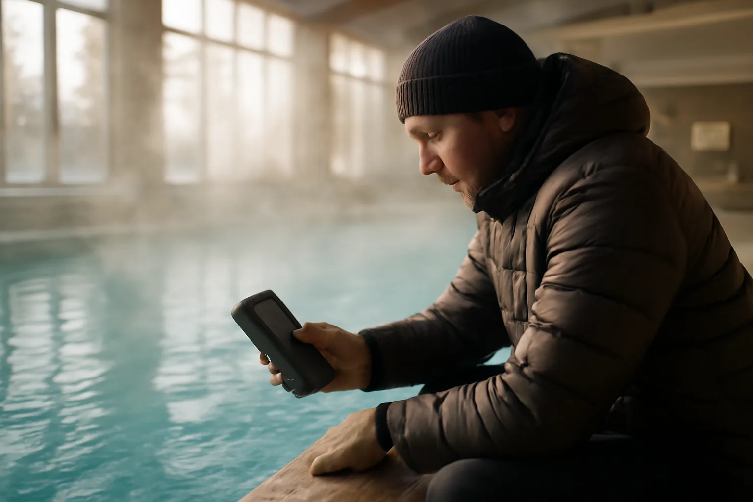 Worker with pool test kit beside a warm indoor hotel pool in winter Alaska