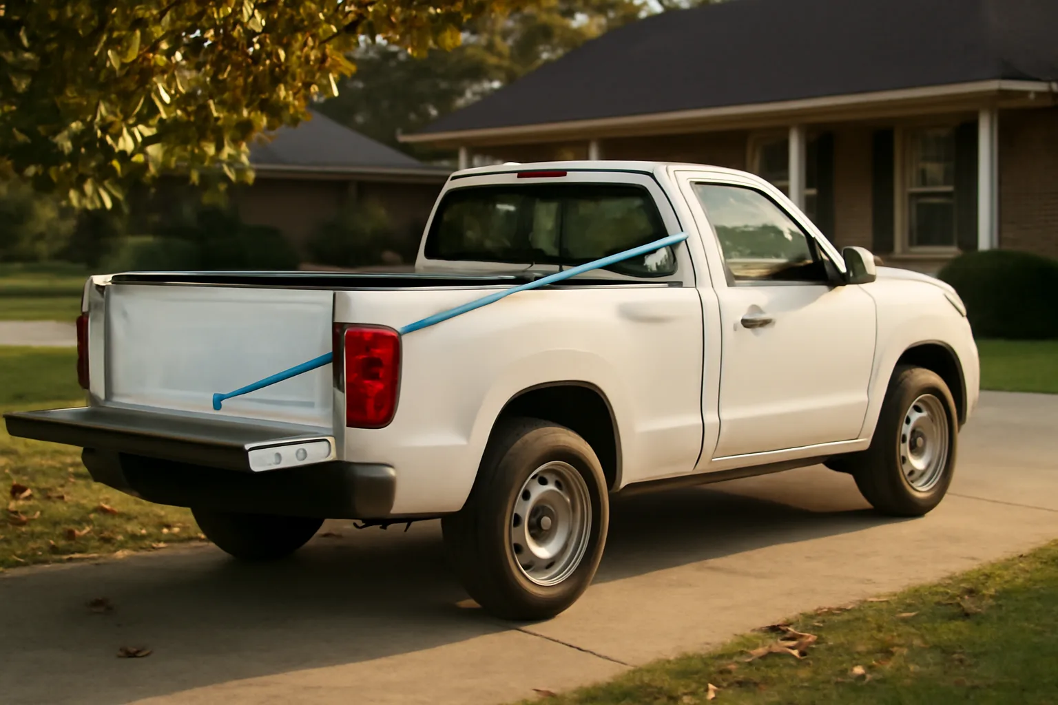 White pool service pickup parked in an Alabama driveway with a pool pole in the bed