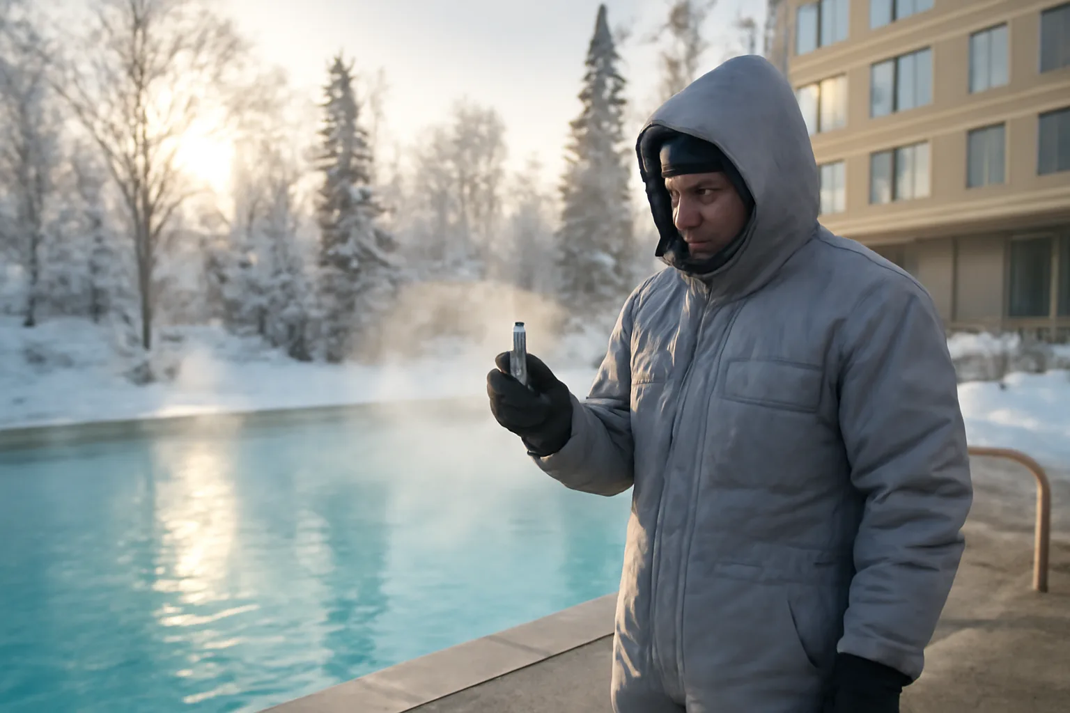 Pool service worker at a steaming outdoor hotel pool in winter in Anchorage, Alaska