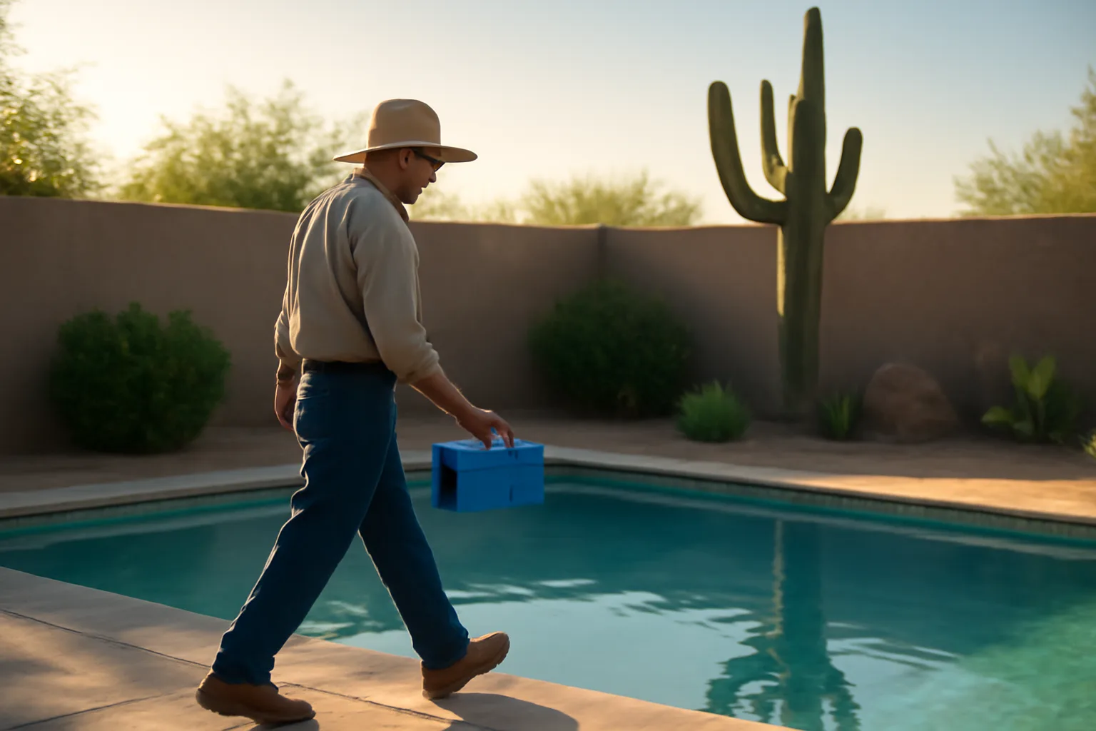Pool service worker carrying test kit at Phoenix backyard pool