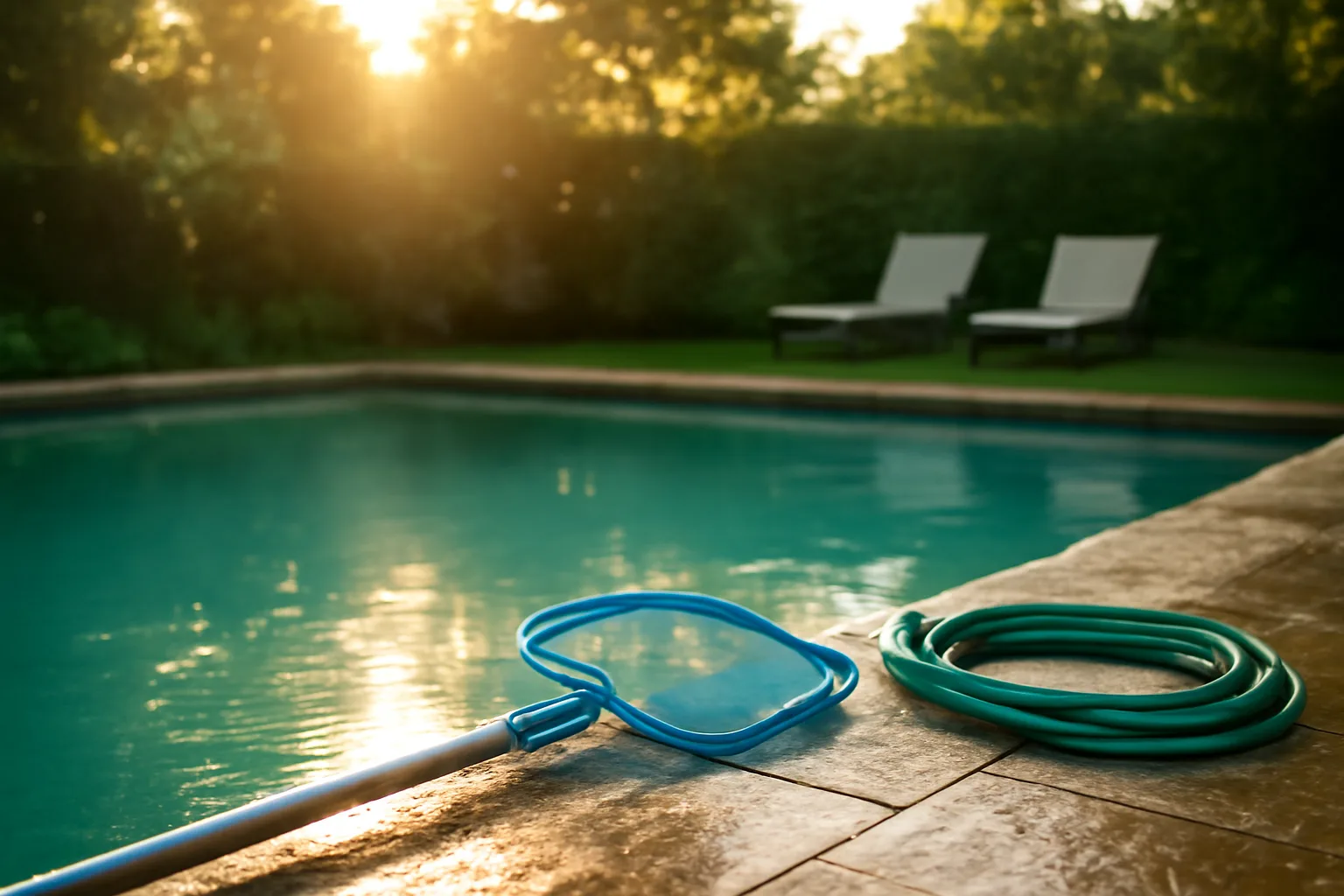 Morning backyard California pool with a cleaning pole on wet coping