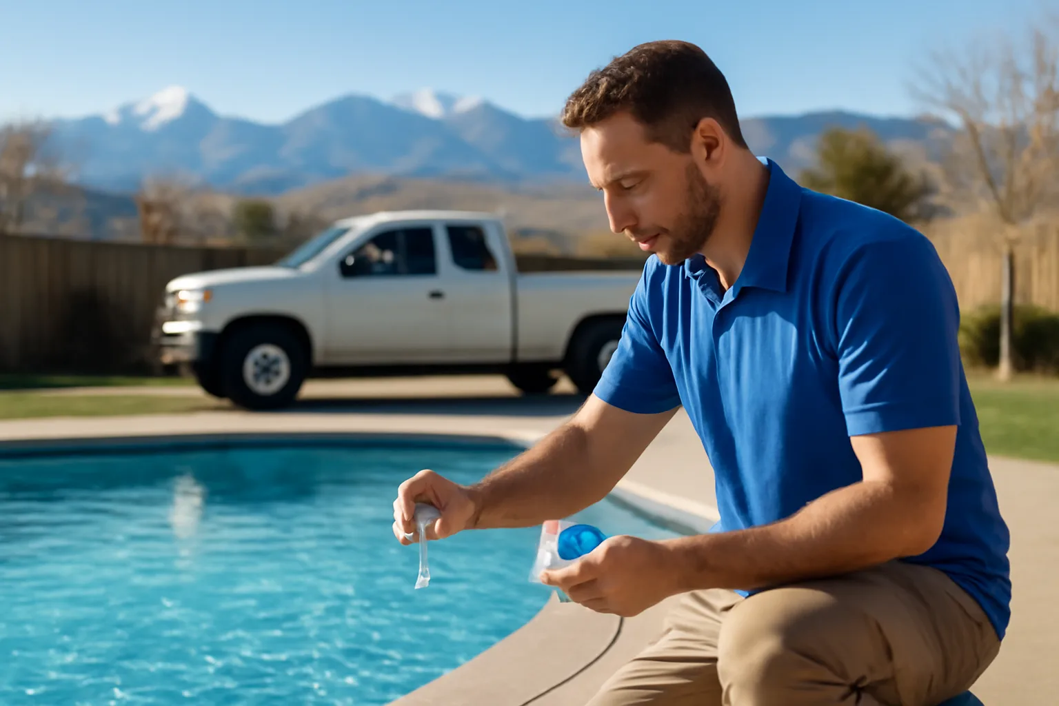 Pool technician testing water chemistry at a Colorado backyard pool with mountains in the background