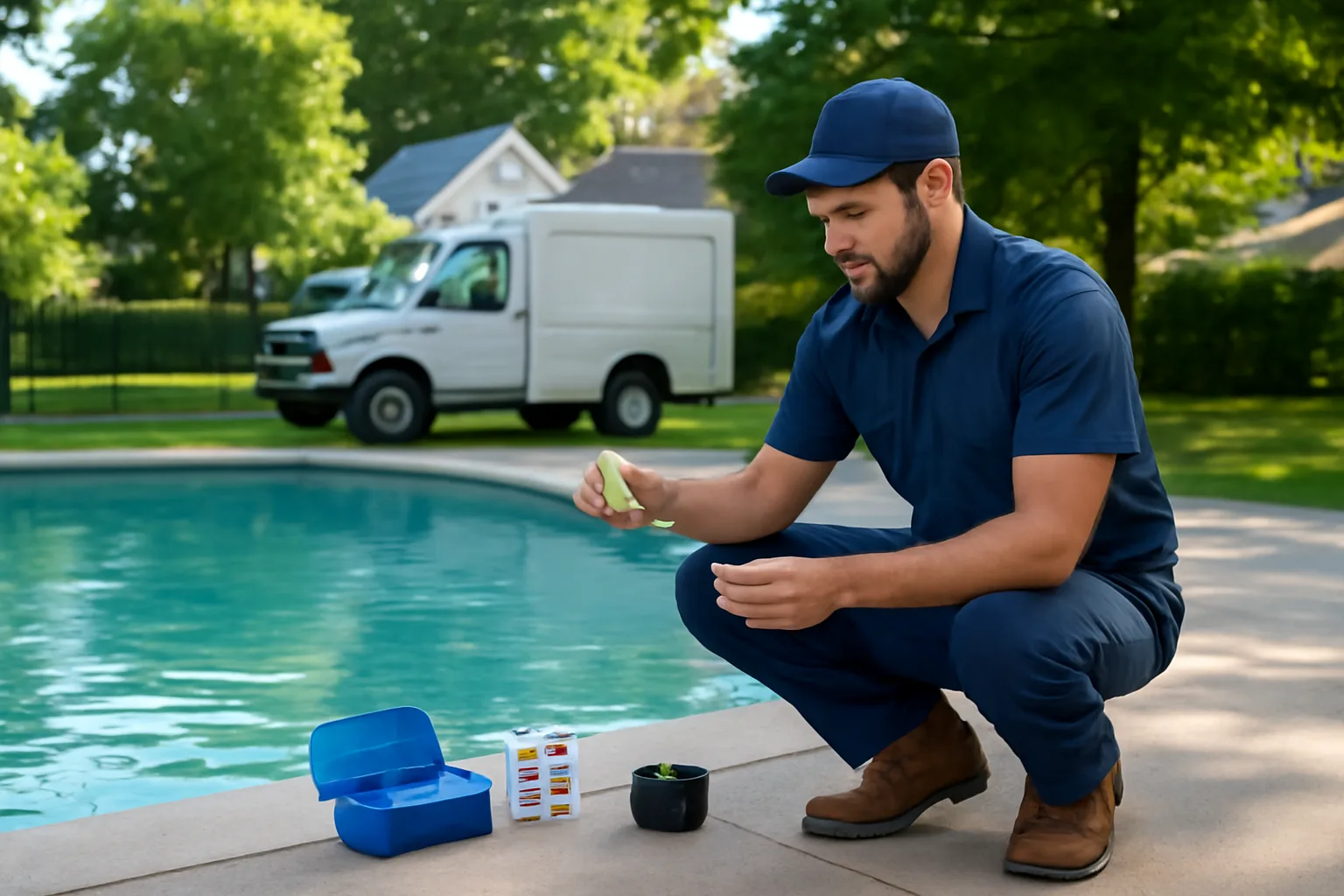 Pool technician testing pool water chemistry at a Connecticut suburban backyard pool