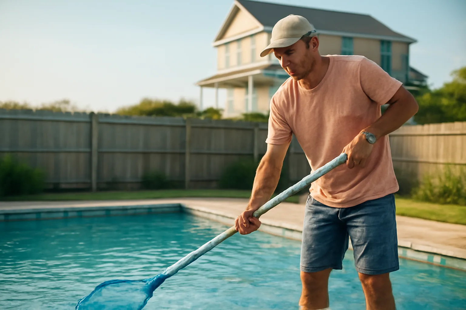 Pool technician skimming a residential pool at a coastal Delaware home in summer