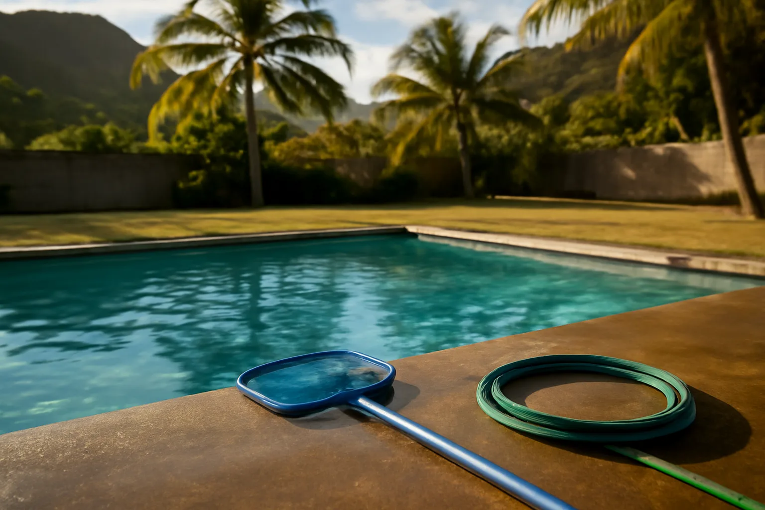 Residential Hawaii pool route stop with hose and net on coping