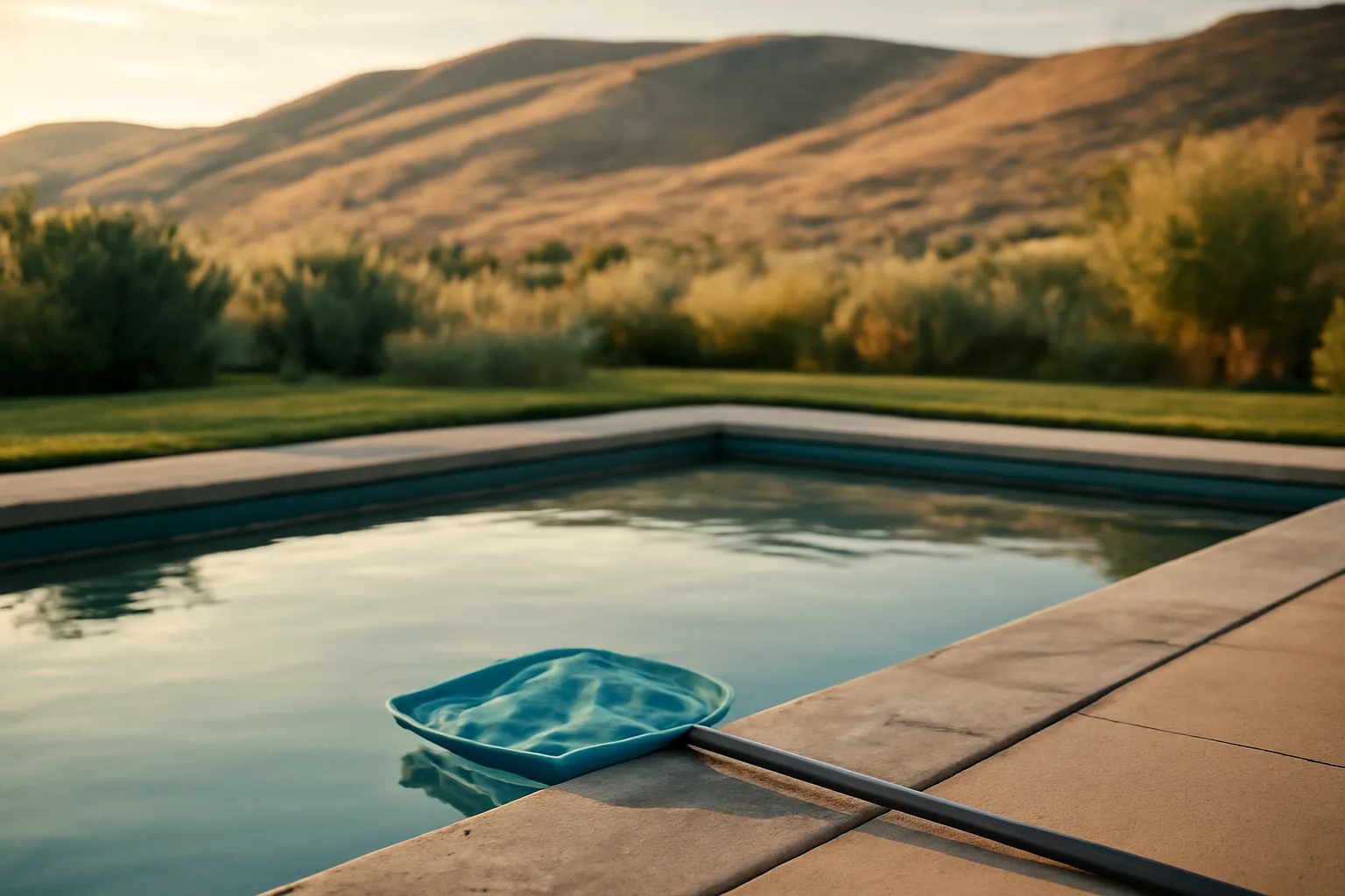 Leaf net on wet coping beside an Idaho backyard pool