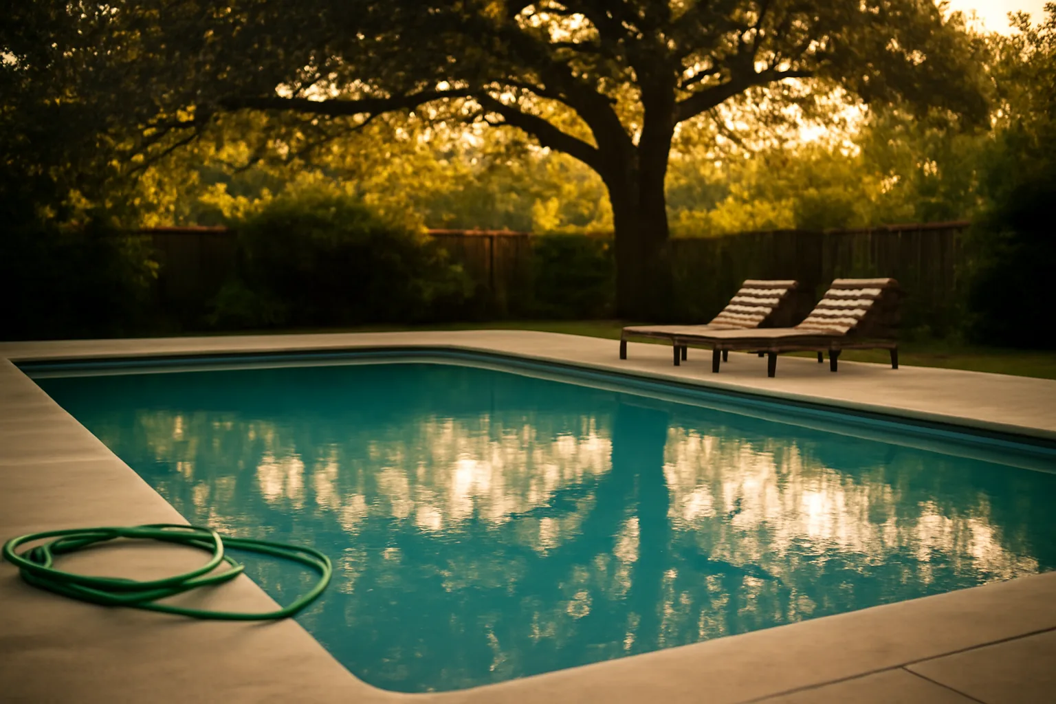 Empty Arkansas backyard pool and hose in late afternoon light