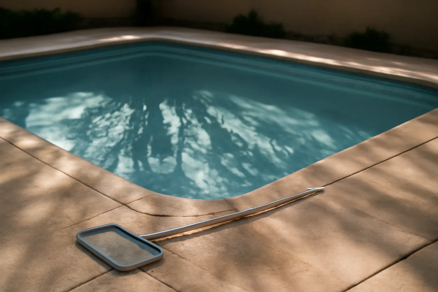 Wet California backyard pool deck with a skimmer in morning light