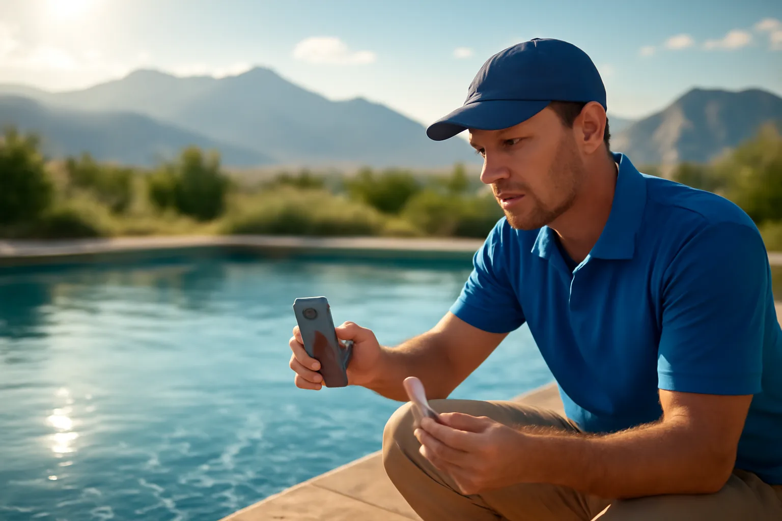 Pool technician testing water chemistry beside a residential pool in Colorado
