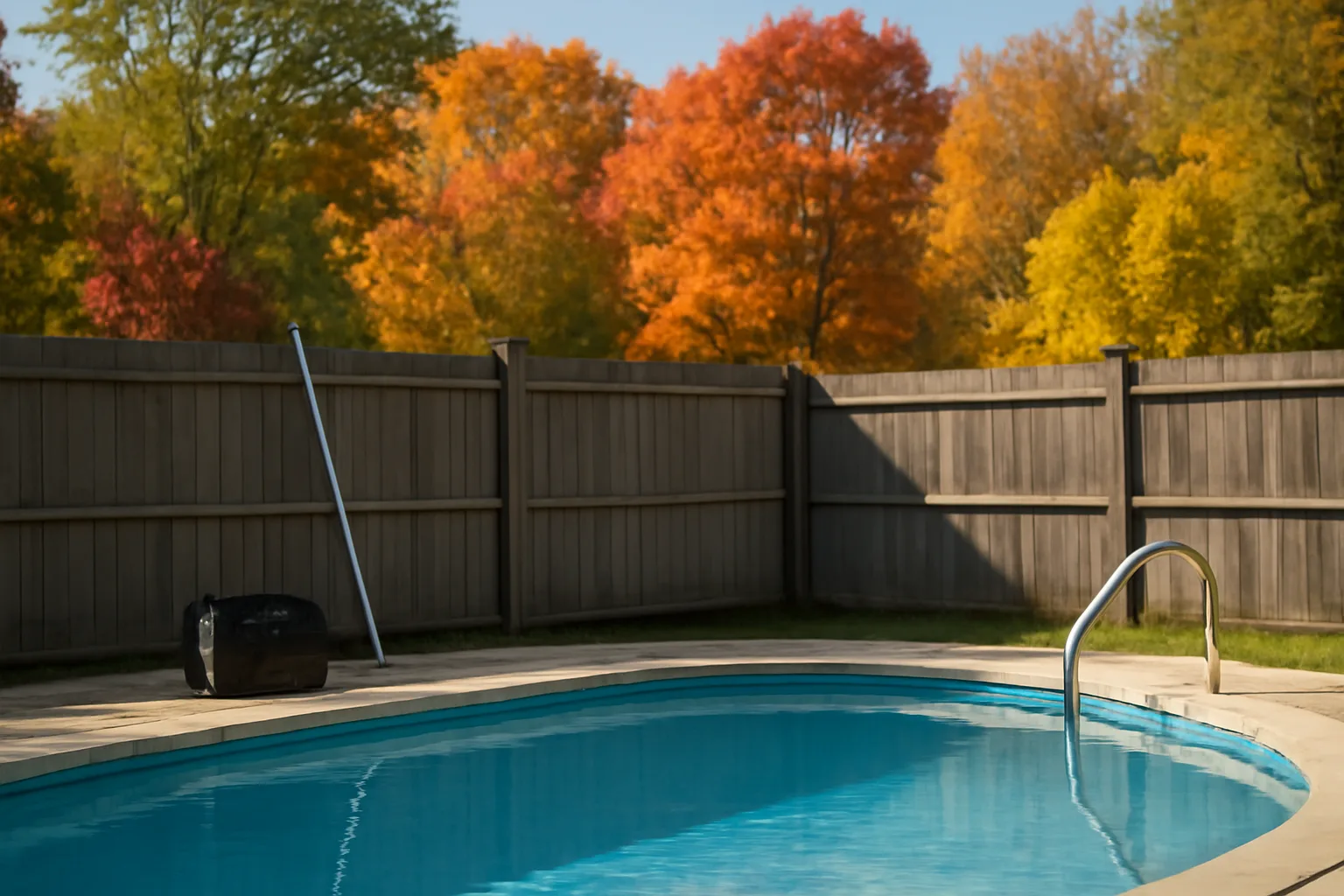 Backyard pool in Connecticut with service equipment resting near the fence