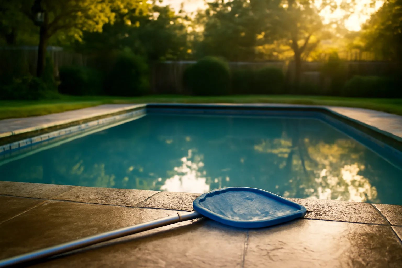 Quiet Delaware backyard pool with a net on the coping
