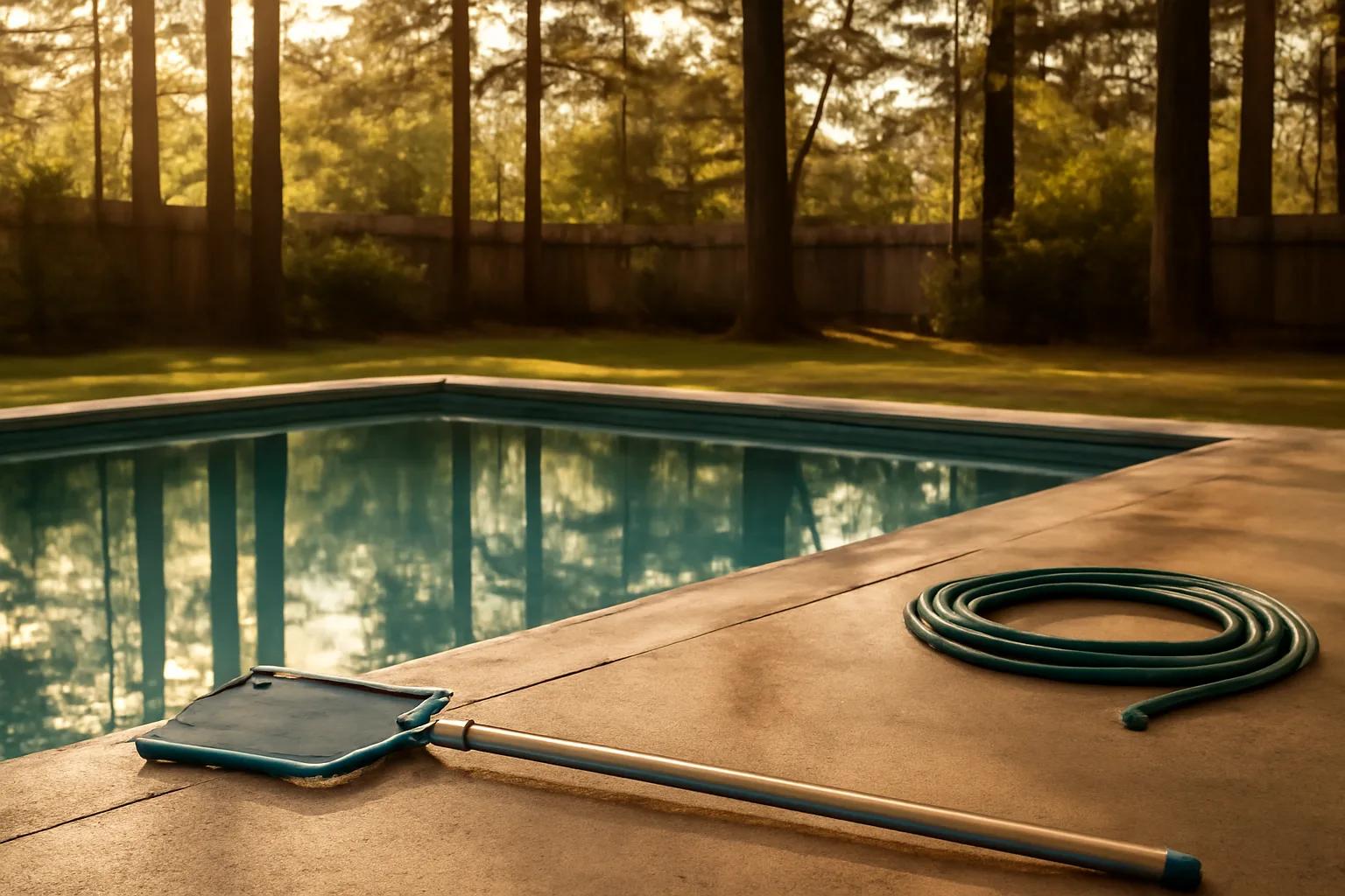 Pine-shaded Georgia backyard pool with a leaf net on deck