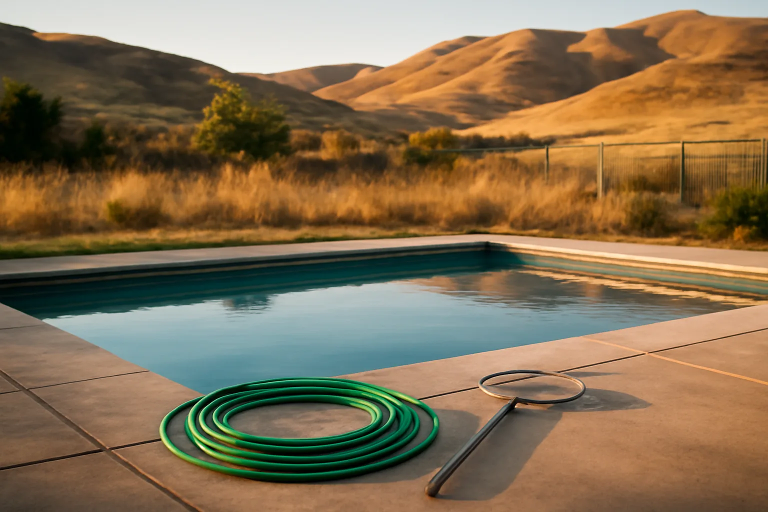 Idaho backyard pool at dusk with hose and leaf net