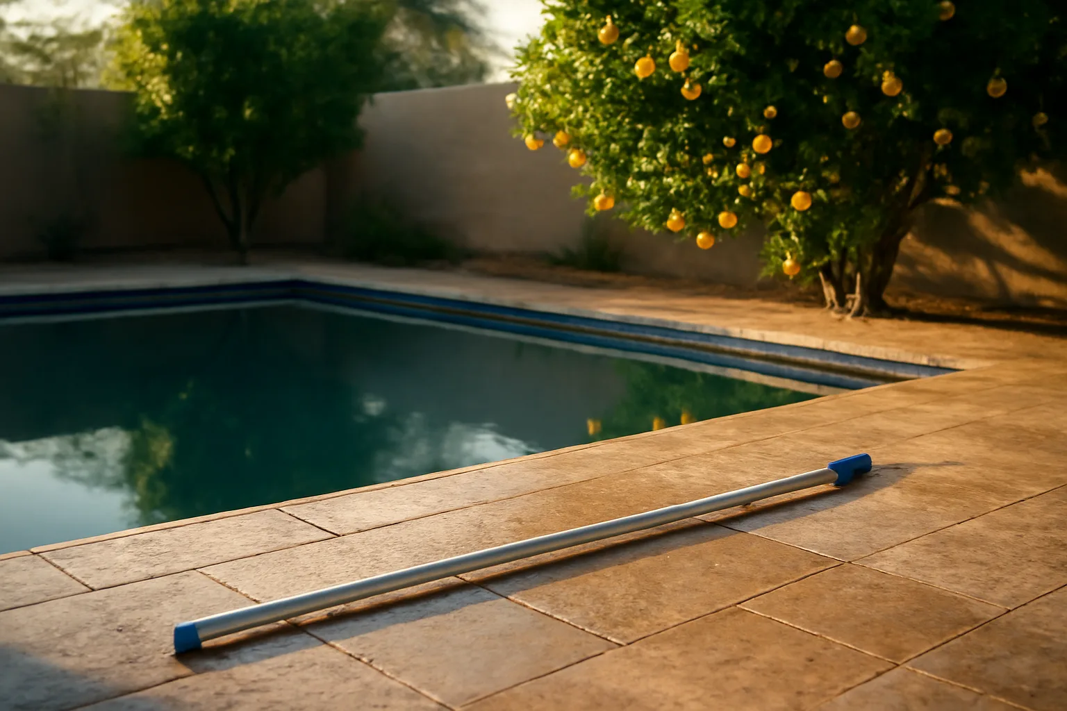 Morning light on a Phoenix backyard pool and cleaning pole