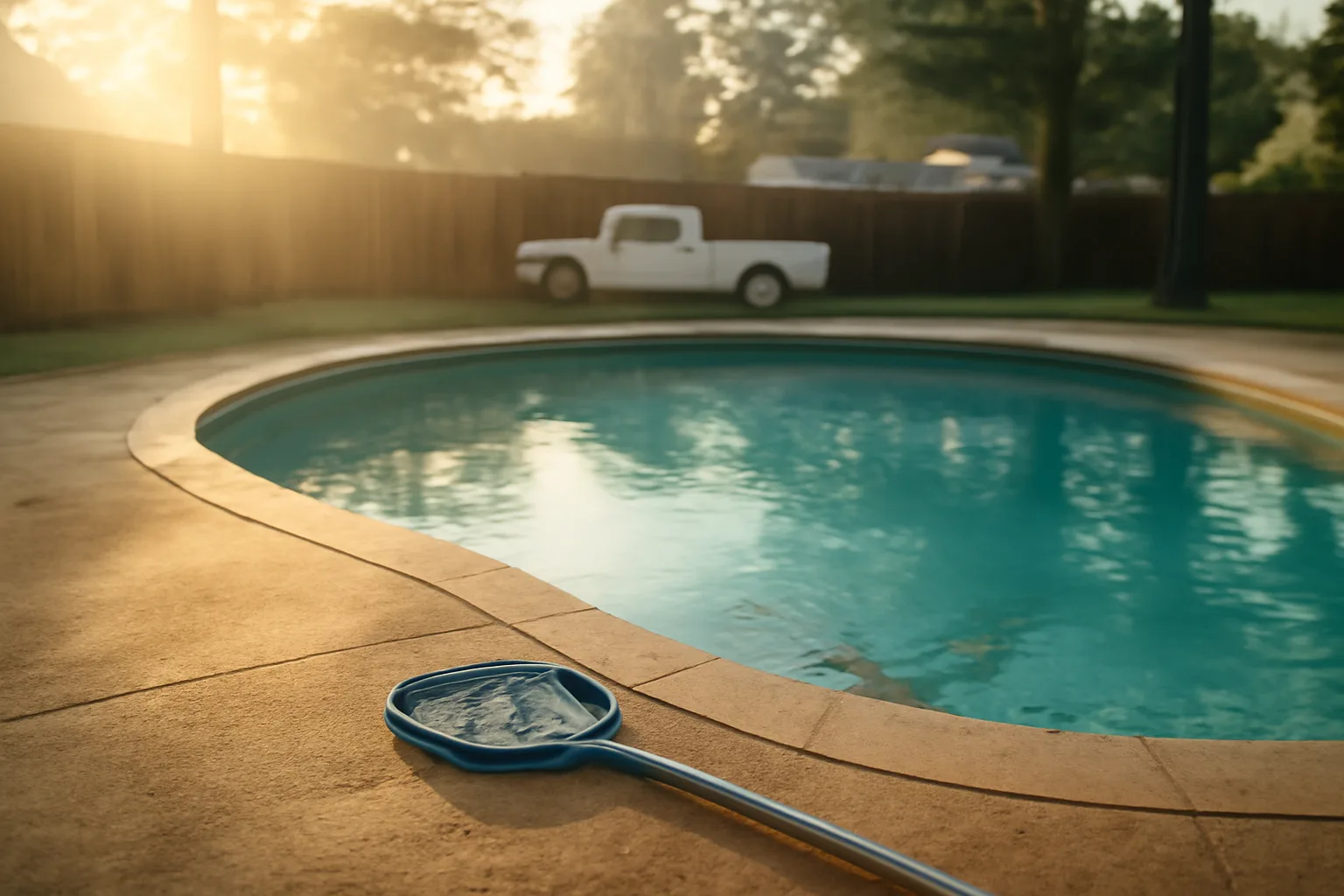 Arkansas backyard pool with service net in morning light