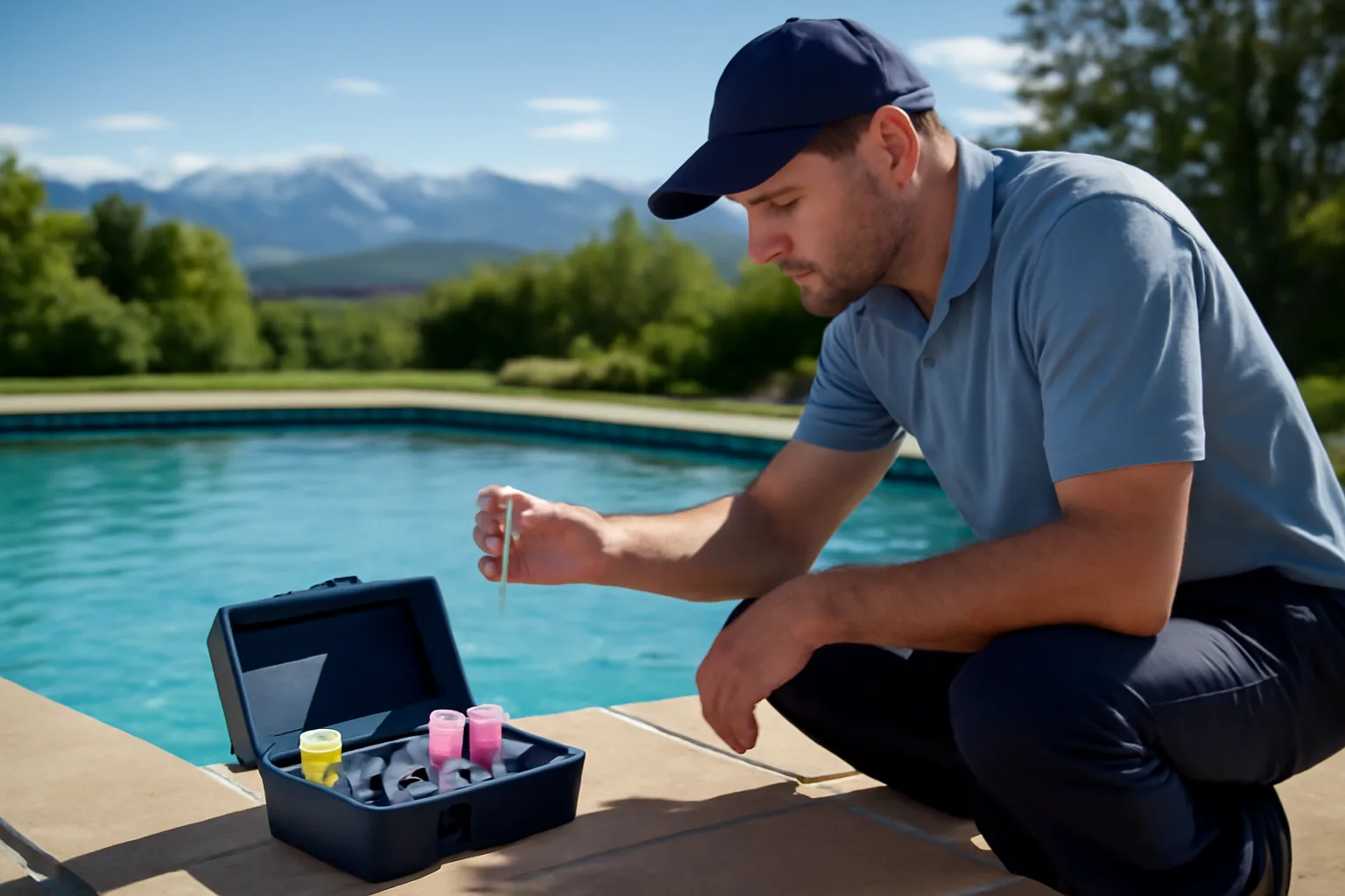 Pool technician testing water at a residential pool with Colorado mountains in background
