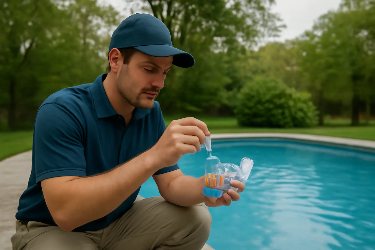 Pool technician testing water chemistry beside a Connecticut backyard swimming pool