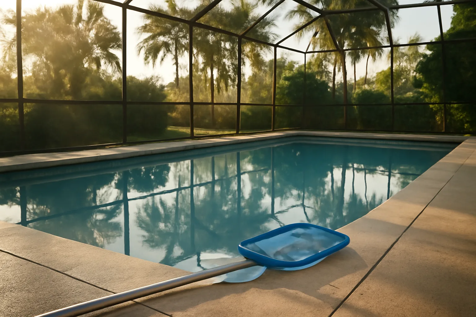 Screened Florida backyard pool set for a weekly pool route stop