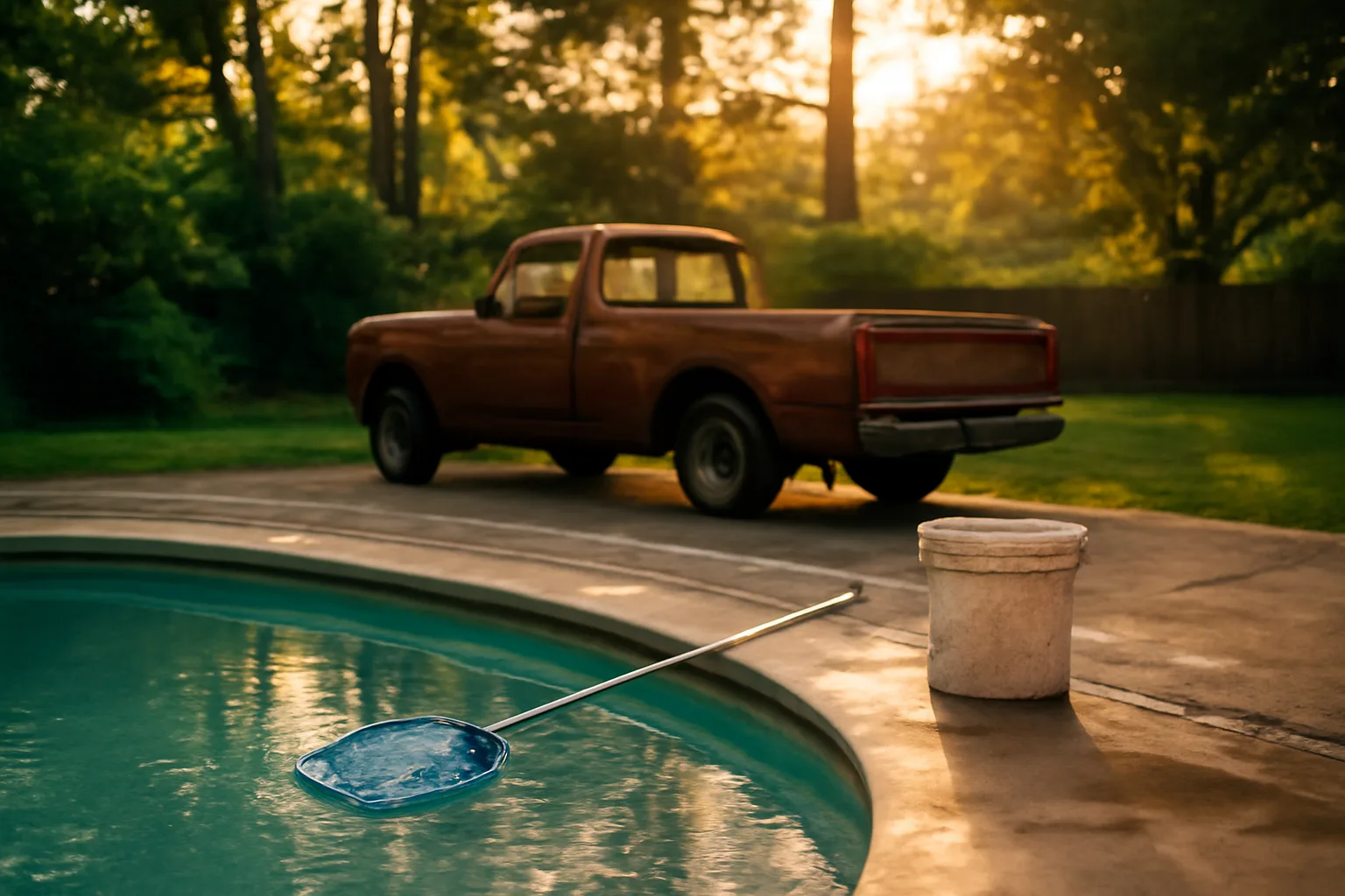 Pickup beside a Georgia backyard pool at late afternoon