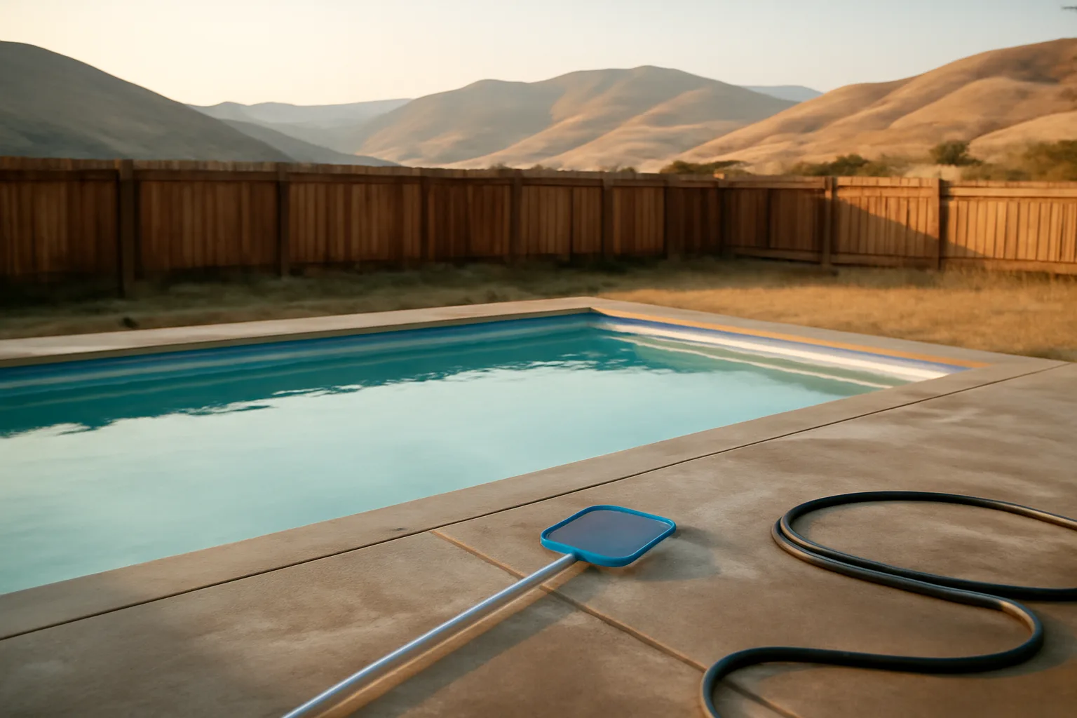 Idaho backyard pool route gear on a wet concrete deck