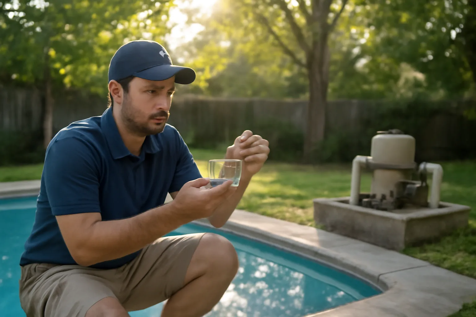 Pool route technician testing water in Alabama backyard