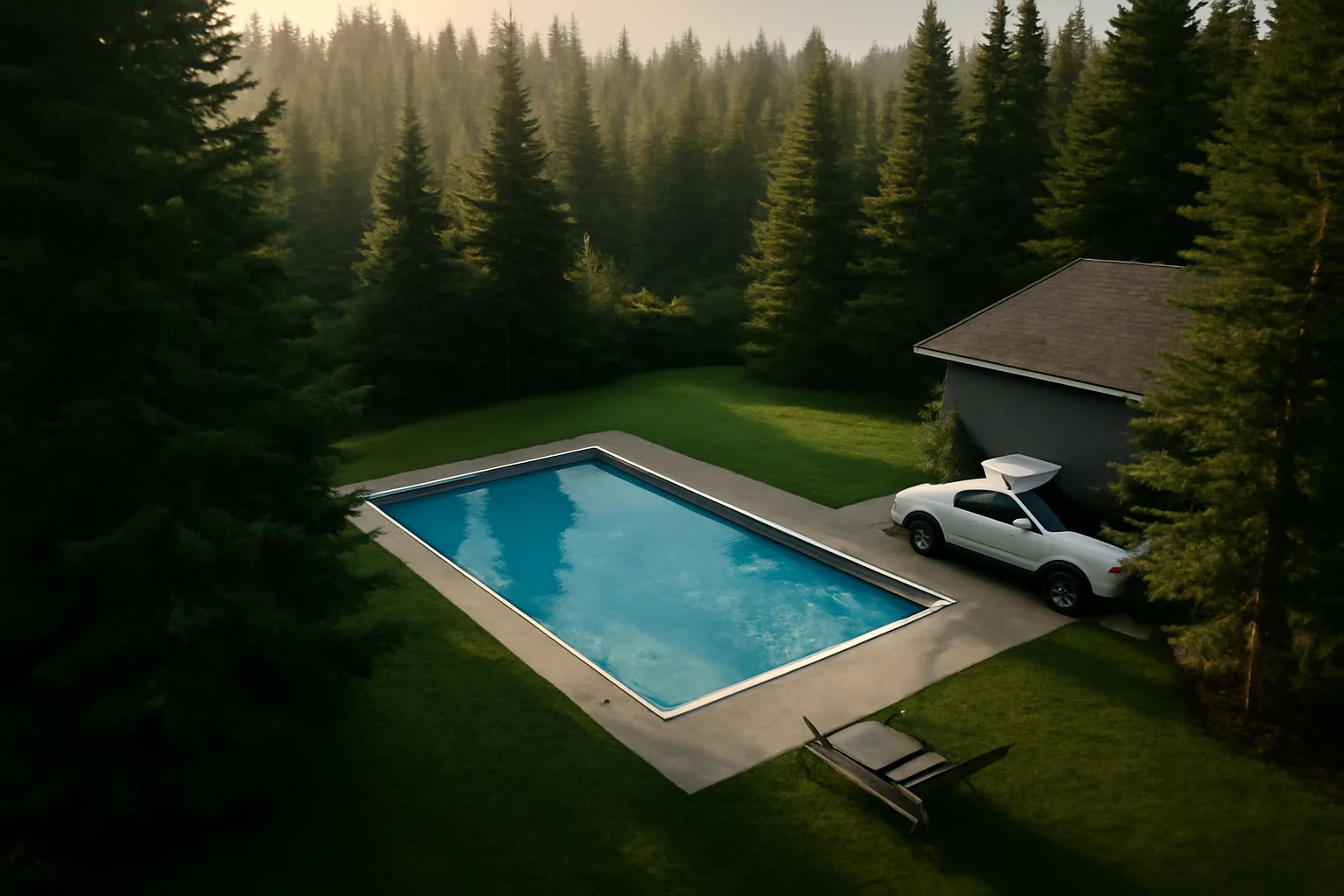 Residential pool in Alaska with service truck in driveway