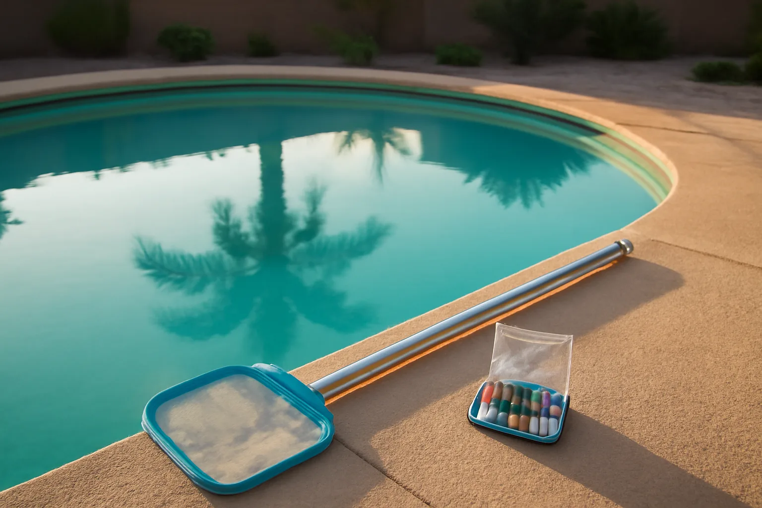 Pool cleaning tools on pool deck under Arizona morning sun