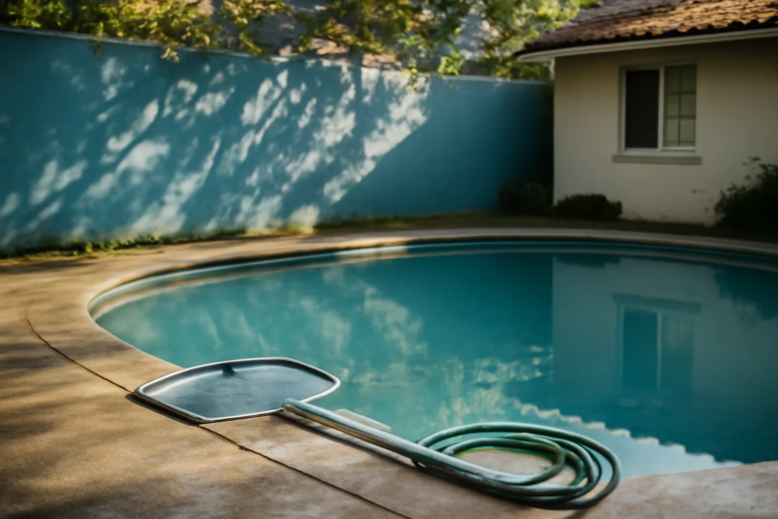 California backyard pool with a leaf net on wet coping