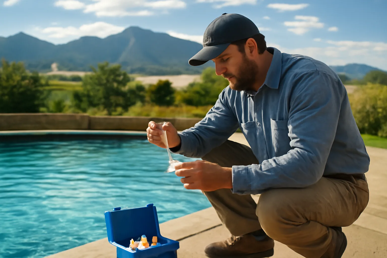 Pool technician testing water at a Colorado backyard pool with mountain foothills in background