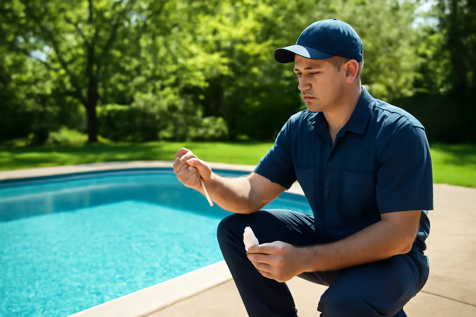 Pool technician testing water chemistry beside a clear residential pool in Connecticut