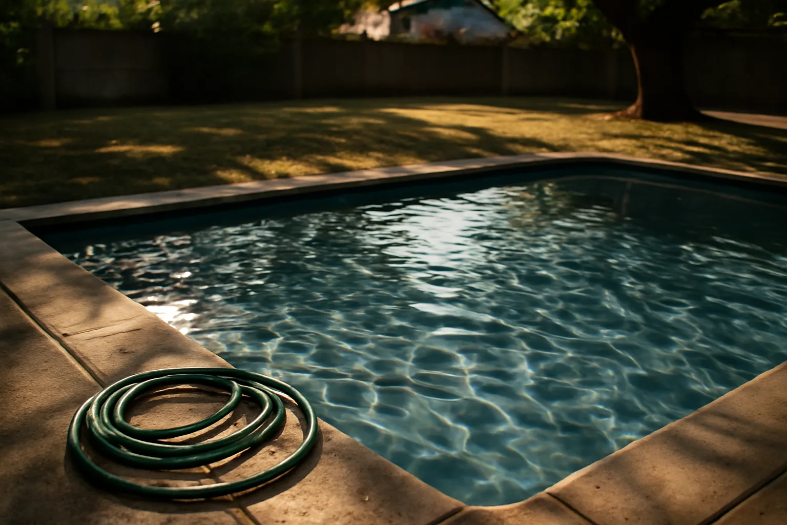 Empty suburban Delaware backyard pool ready for morning route service