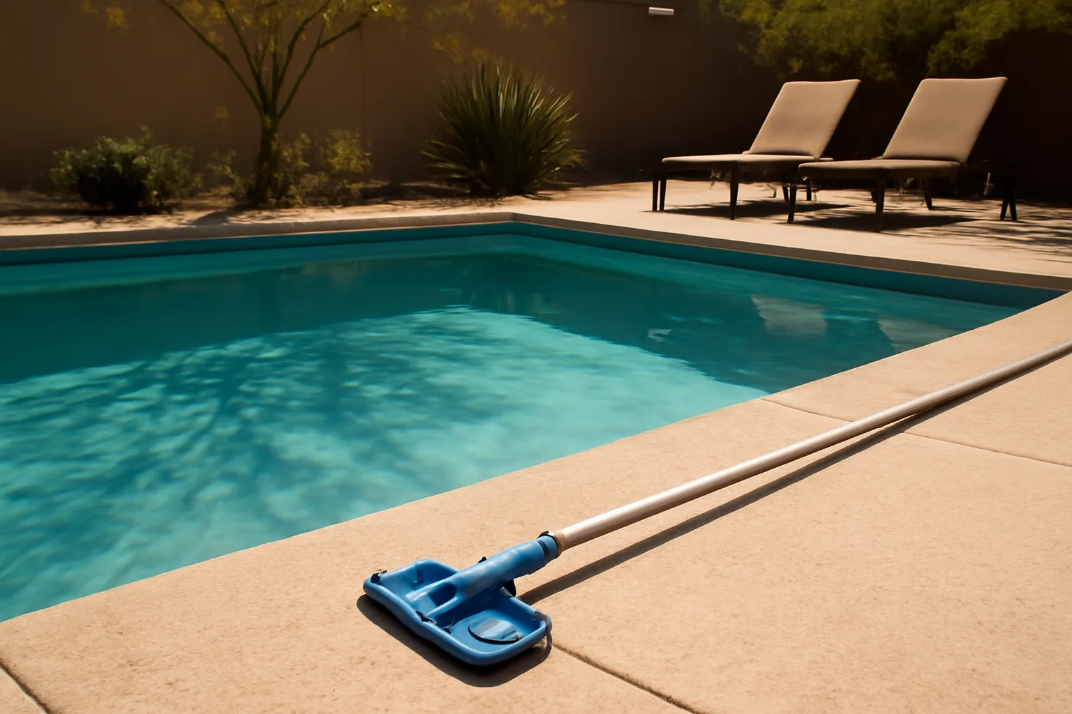 Arizona backyard pool with service pole on sunlit concrete deck