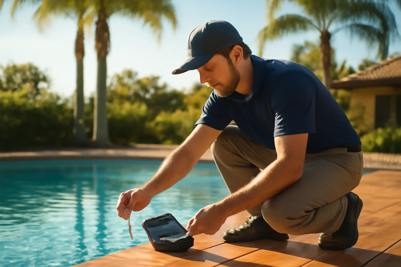 Pool technician testing water chemistry at a California residential swimming pool