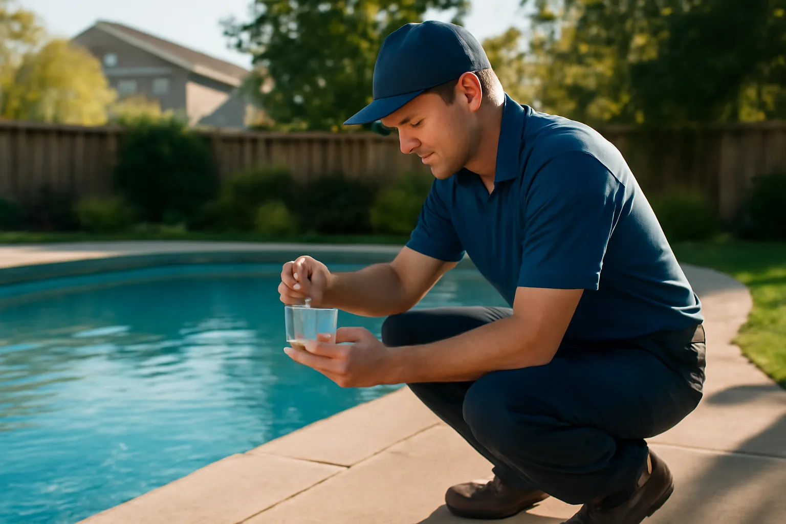Pool technician testing water chemistry beside a suburban Colorado backyard pool
