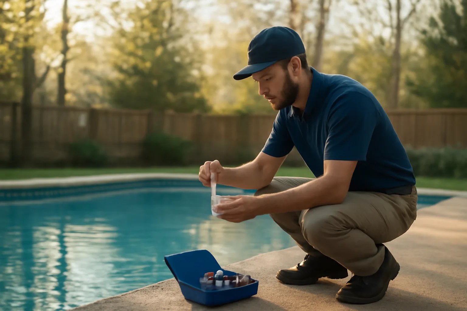 Pool technician testing water chemistry beside a Connecticut backyard pool