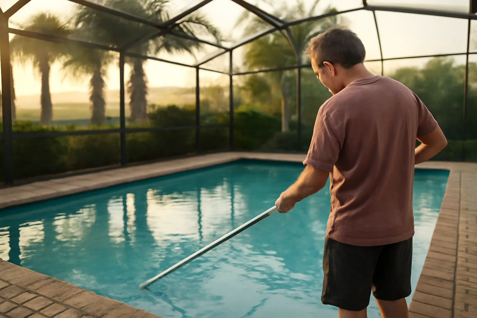 Pool route worker cleaning a suburban Florida backyard pool at sunrise
